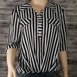 White & Black Stripe 3/4 Sleeve Buttondown Blouse